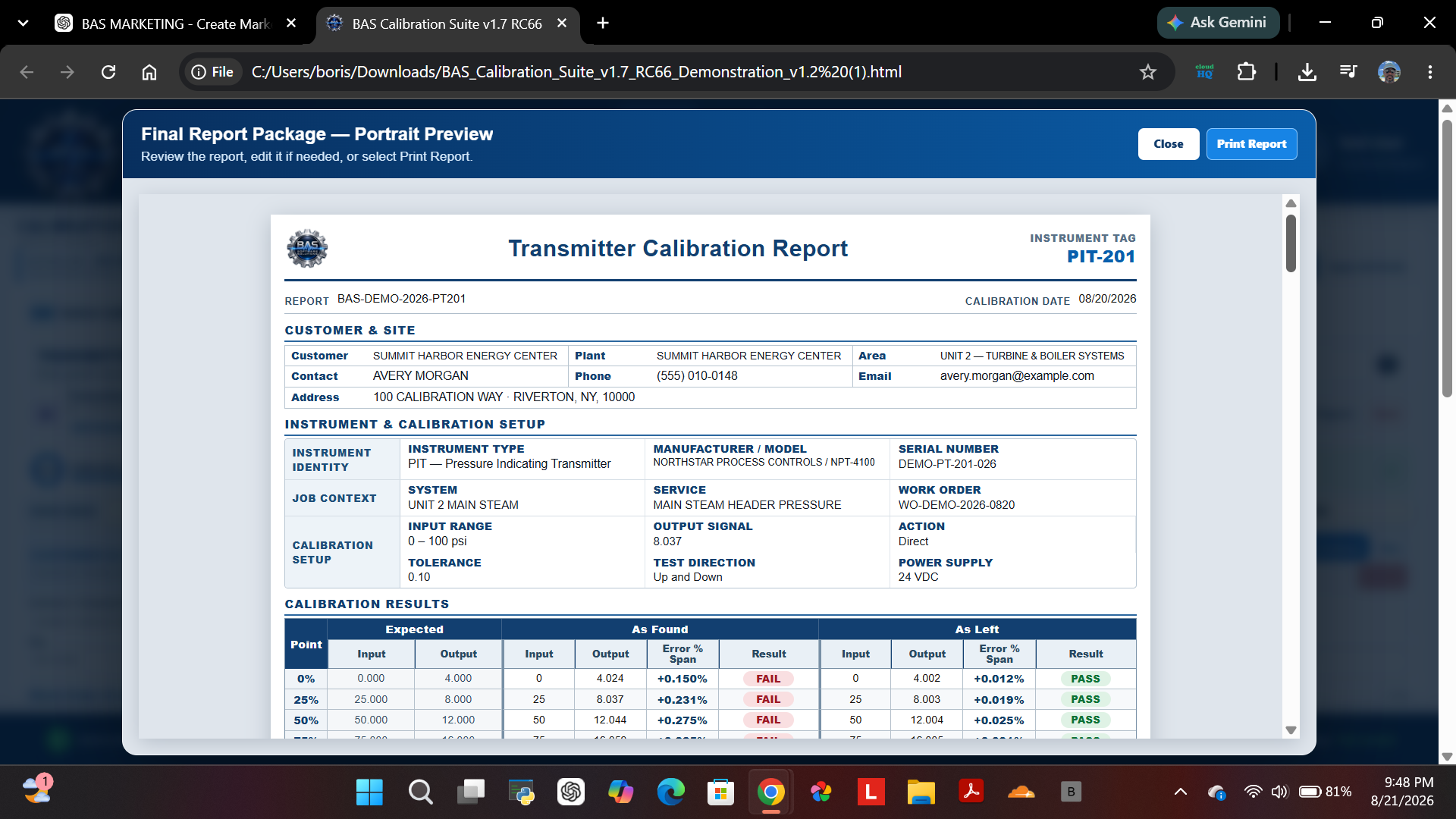 BAS transmitter calibration report with customer, site, instrument, range, and calibration-result information